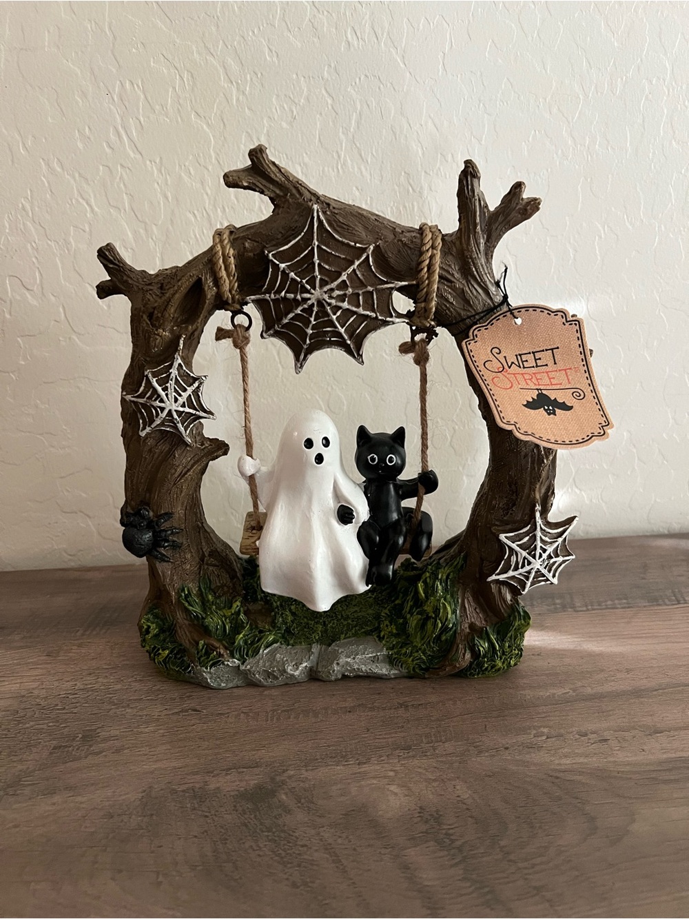 Ghost & Black Cat Swinging on Tree Swing Halloween Resin Decor